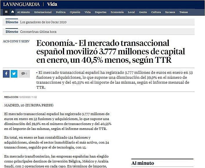 El mercado transaccional espaol moviliz 3.777 millones de capital en enero, un 40,5% menos, segn TTR